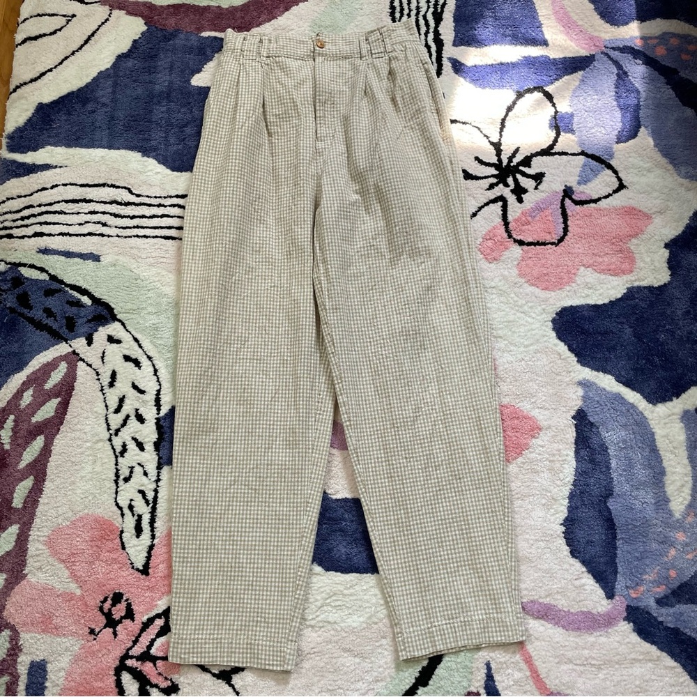 Vintage Palmetto's beige gingham linen cotton blend pleated trousers 28" waist